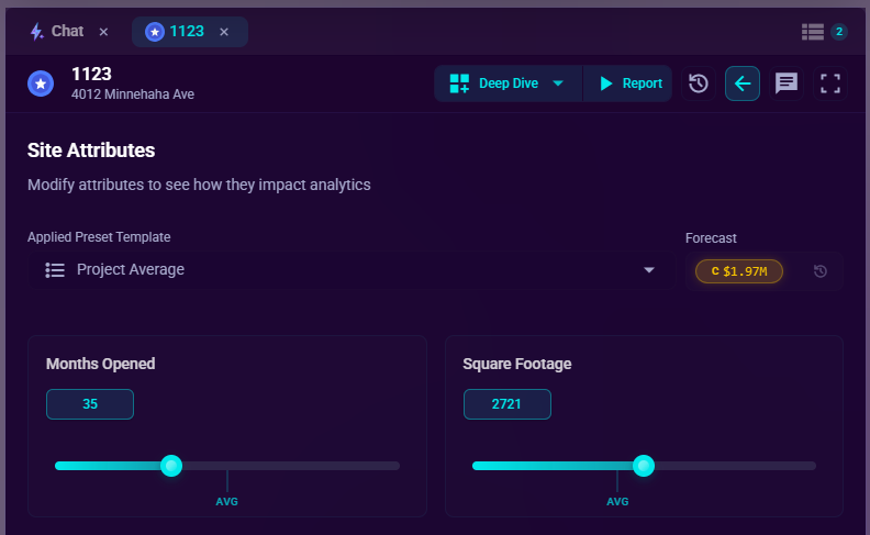The Site Attributes panel, showing sliders, dropdowns, and the live forecast readout