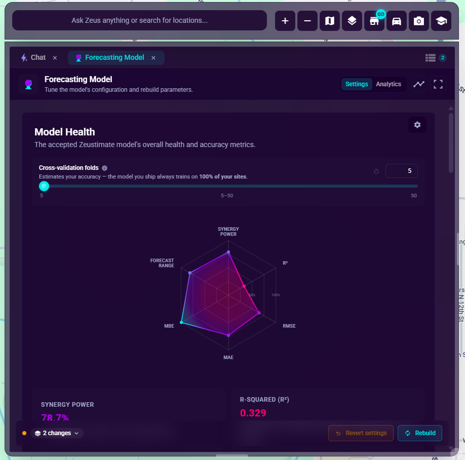 The Settings sub-tab, showing the Cross-validation folds control above the Model Health radar chart, and the floating Rebuild bar at the bottom