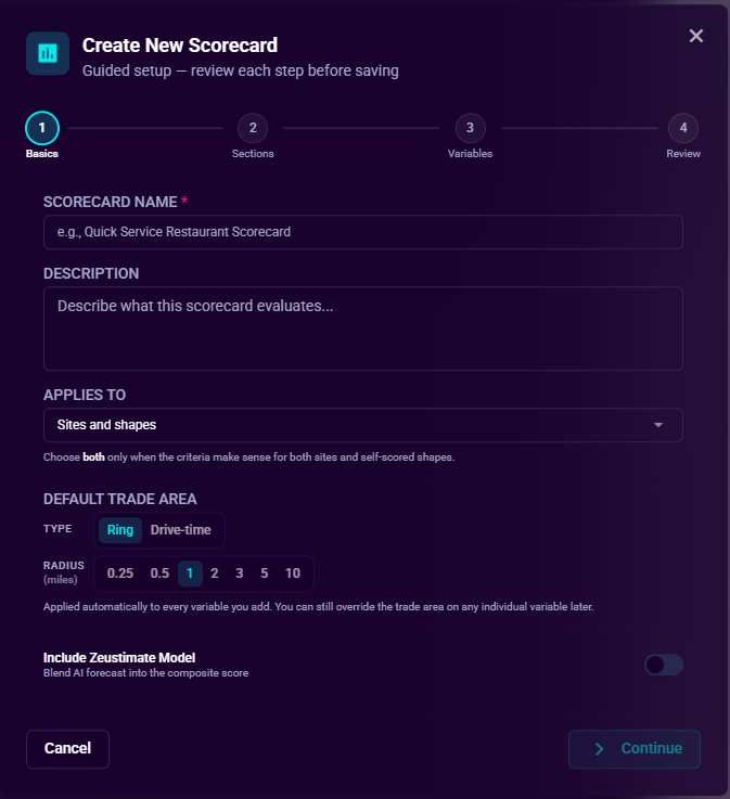 The Guided Setup wizard's Basics step, with the Basics / Sections / Variables / Review step indicator