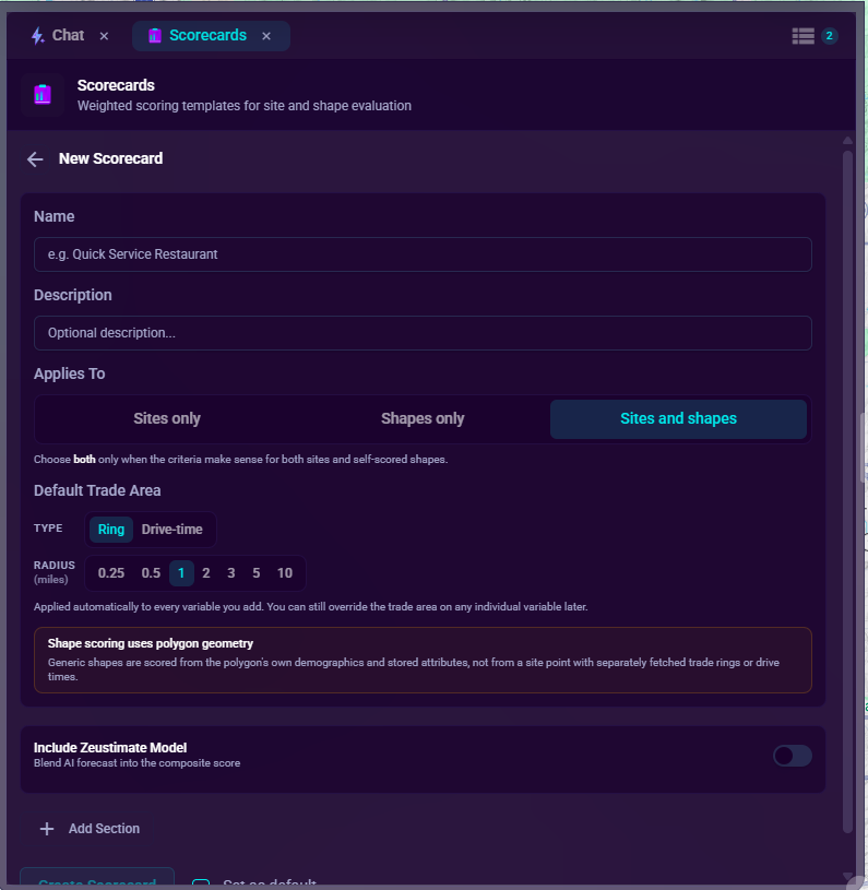 The Expert Mode scorecard builder, showing Name, Applies To, Default Trade Area, and Include Zeustimate Model