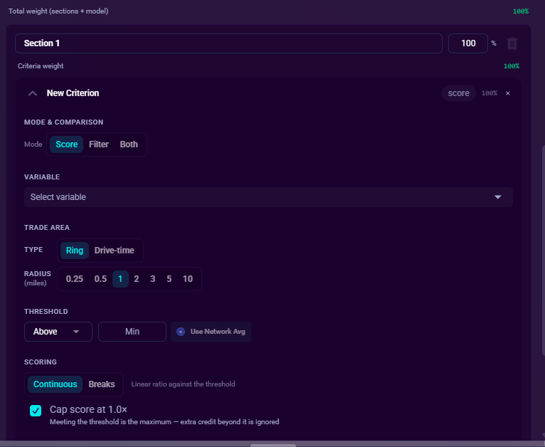 An expanded criterion, showing Mode & Comparison, Variable, Trade Area, Threshold, and Scoring settings