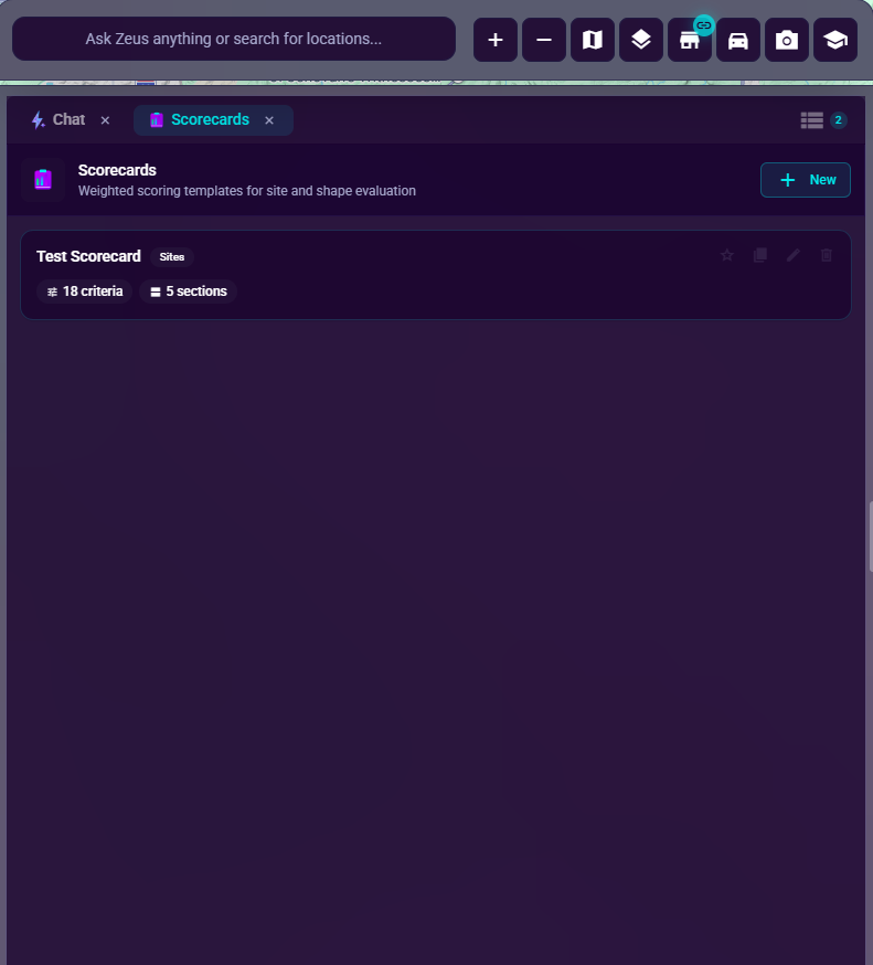 The Scorecards tab, listing a saved scorecard with its section and criteria counts