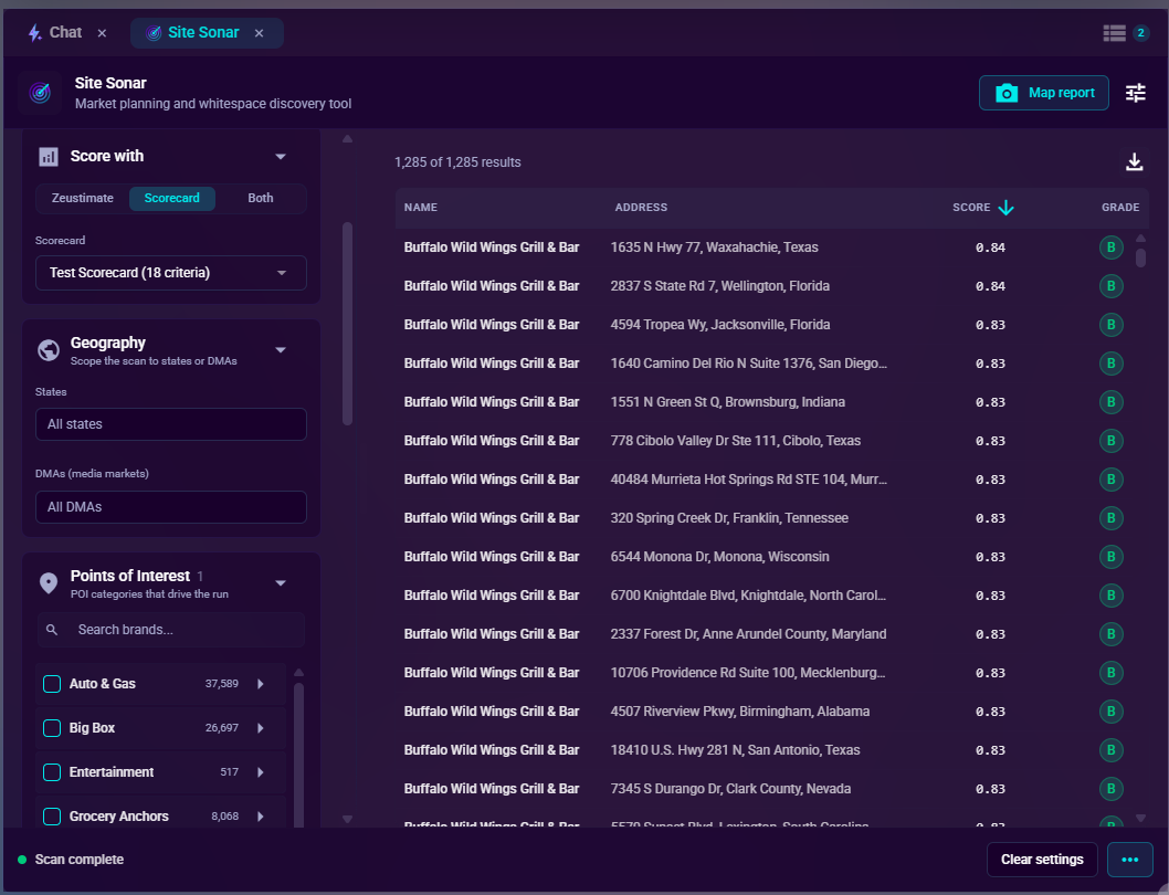 Site Sonar with the Score with toggle set to Scorecard and a scorecard selected