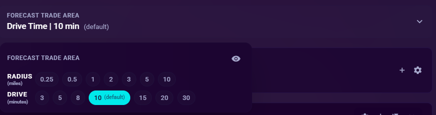 The Forecast Trade Area selector, showing the Radius and Drive pill rows with the current selection expanded