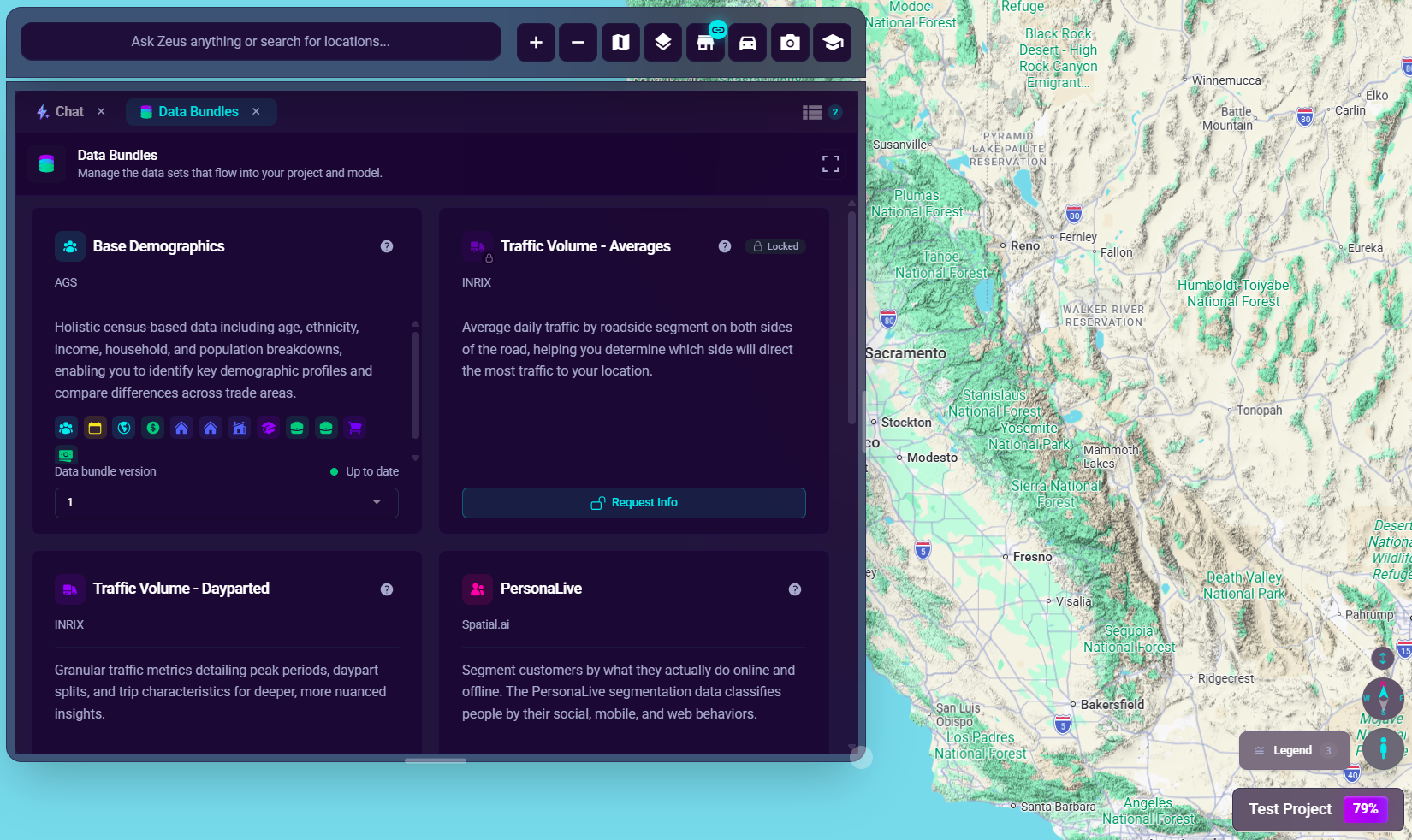 The Data Bundles tab, showing bundle cards for Base Demographics, Traffic Volume, and PersonaLive