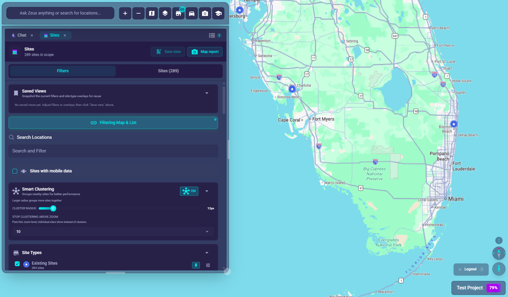 Sites section with Smart Clustering controls