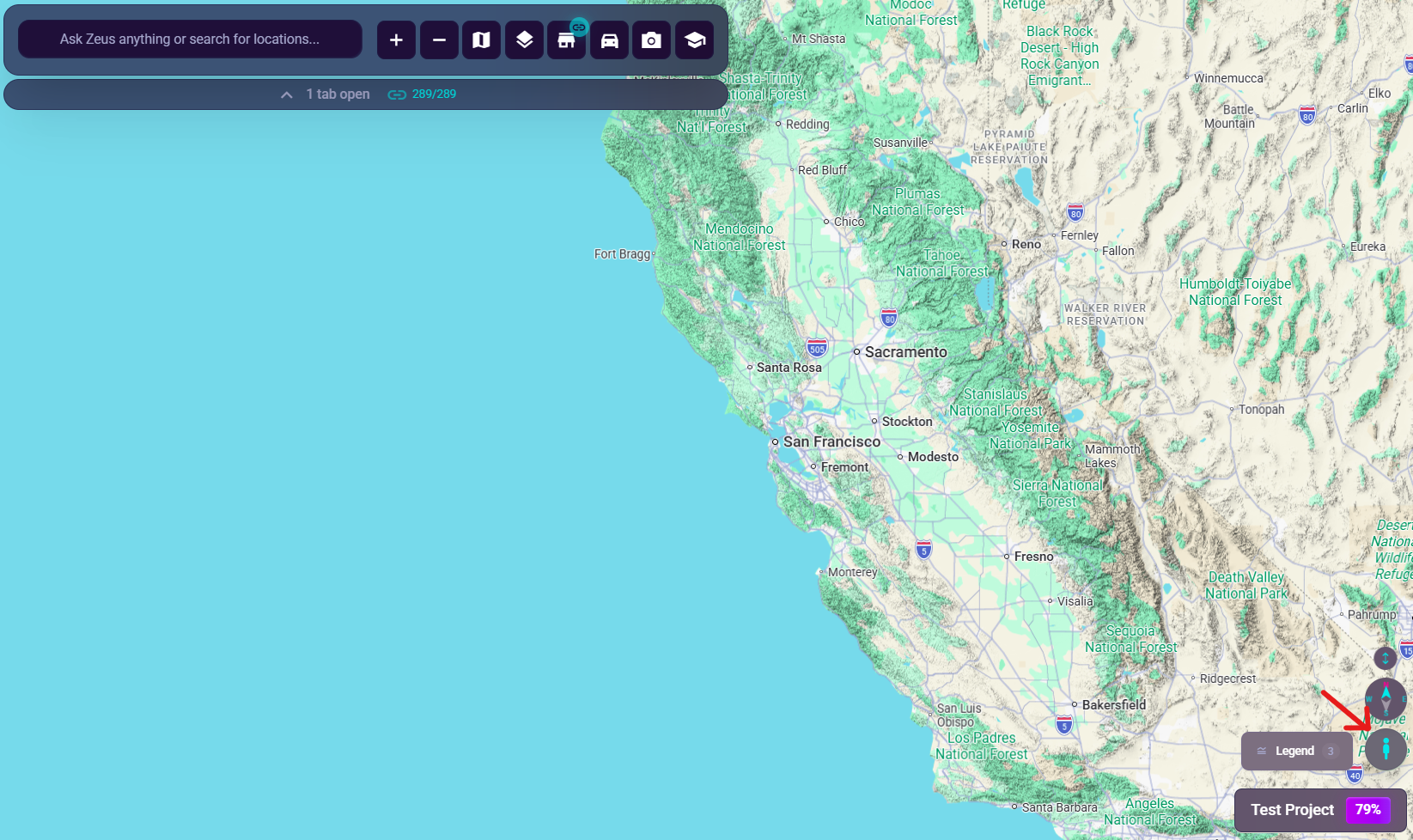 The Pegman button in the floating desktop map controls, bottom-right of the map next to the Legend control
